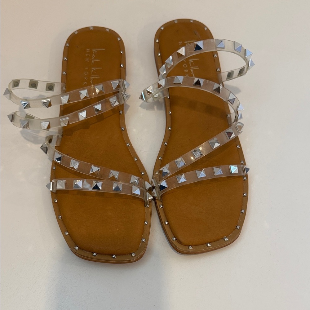 Nicole Miller Clear Jelly Studded Strappy Sandals - Brown/Tan Footbed Size 8